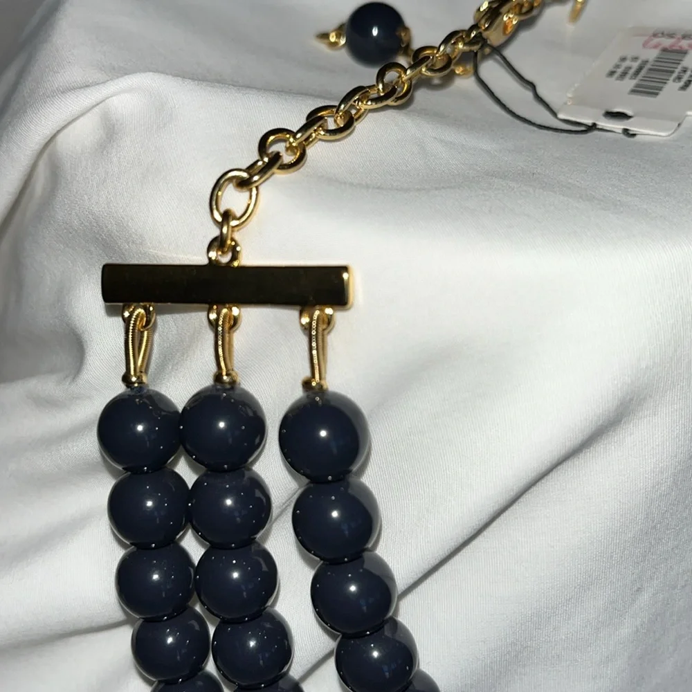NWT Talbots 3-strand bead necklace. Navy blue & gold beads w/9” extender - Picture 6 of 11
